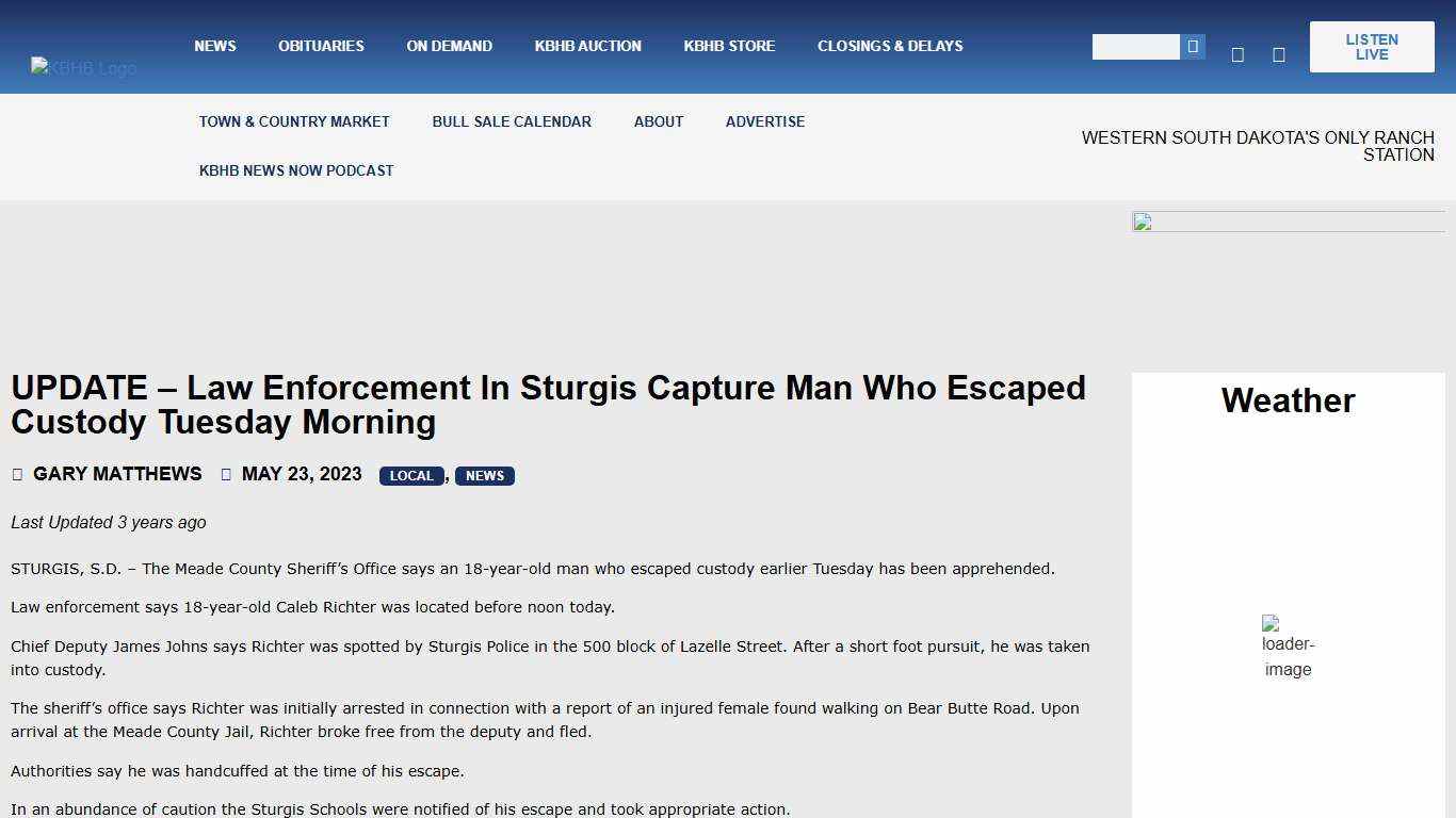UPDATE - Law enforcement in Sturgis capture man who escaped custody Tuesday morning - KBHB News